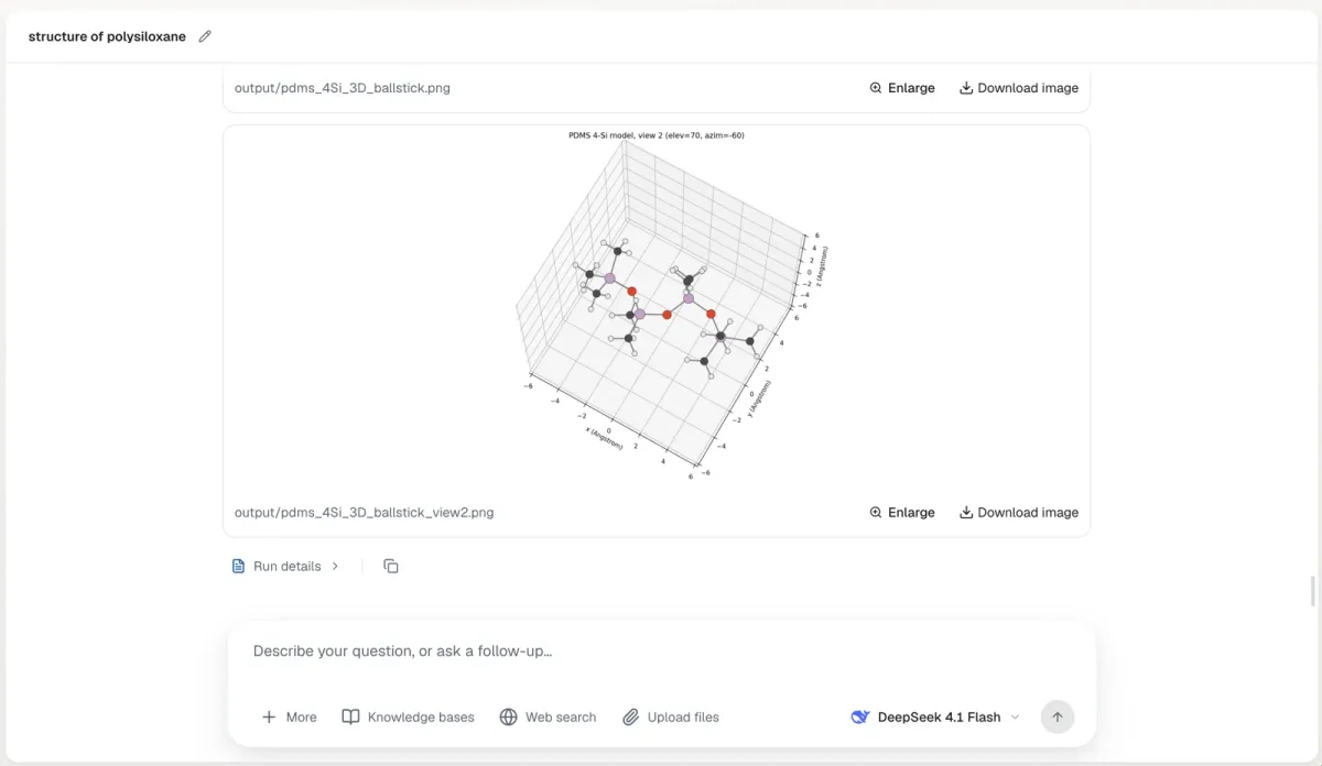 Poly-Studio polymer computing interface showing a 3D ball-and-stick model of a PDMS structure